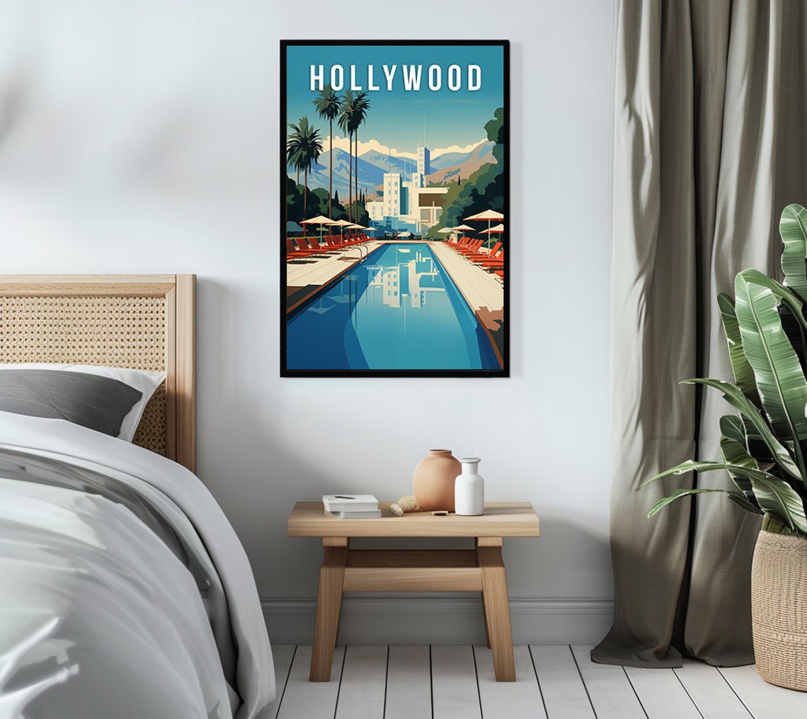 Hollywood Hills Hotel Pool Palm Trees Retro Sunset Travel Poster - Image 3