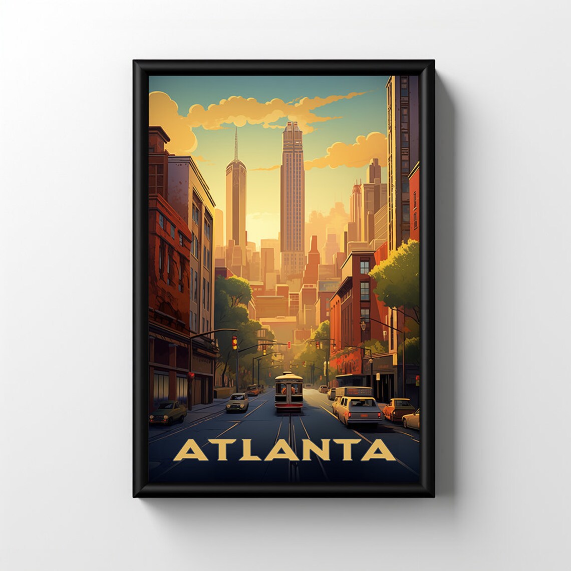 Atlanta Georgia Streetcar City Street Sunset Retro Art Poster