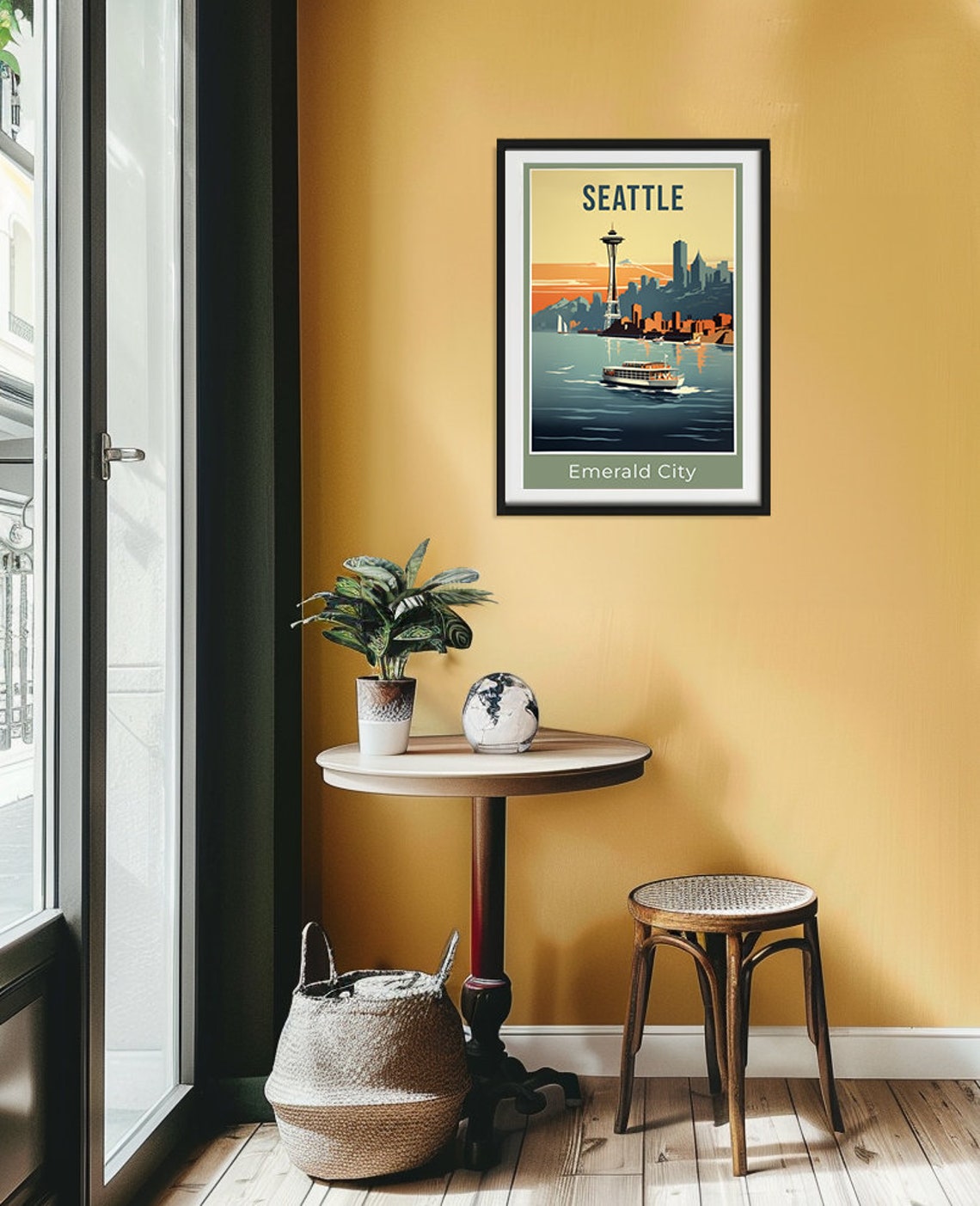 Seattle Emerald City Space Needle Ferry Sunset Retro Travel Poster - Image 2