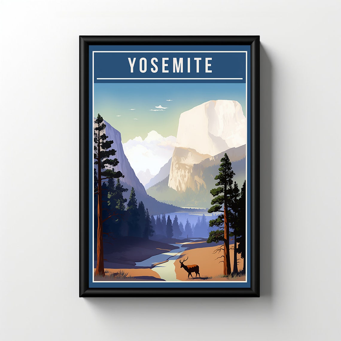 Yosemite National Park Half Dome Pines Elk Vintage Travel Poster