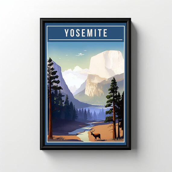 Yosemite National Park Half Dome Pines Elk Vintage Travel Poster