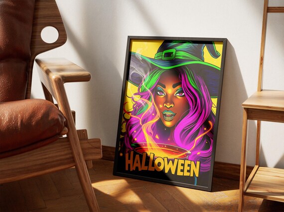 Neon Witch With Colorful Pink Green Hair Bold Halloween Poster