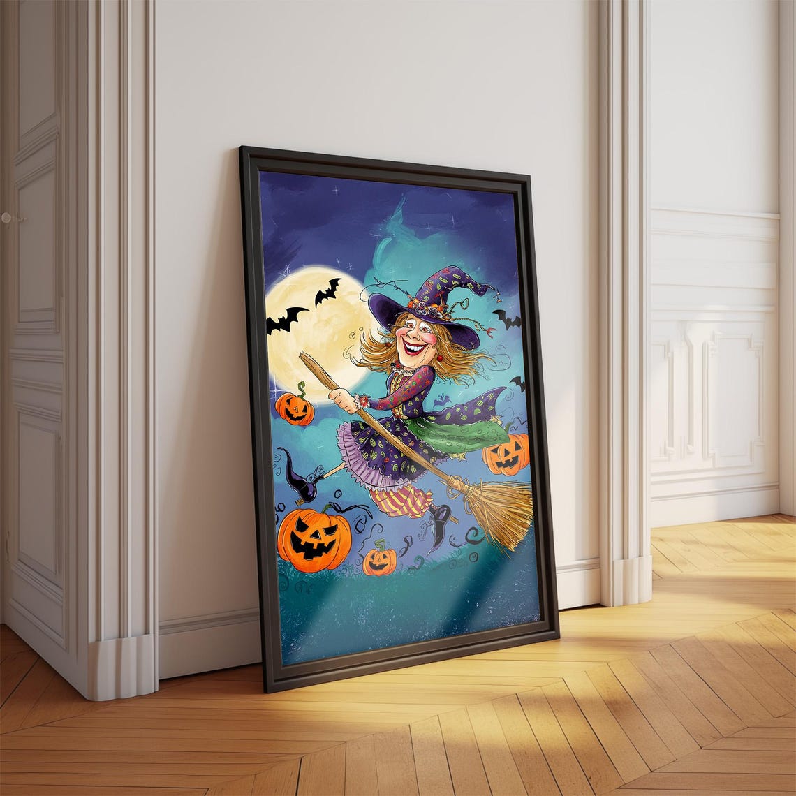 Happy Halloween Cheerful Witch Flying Broomstick Night Sky Art Poster
