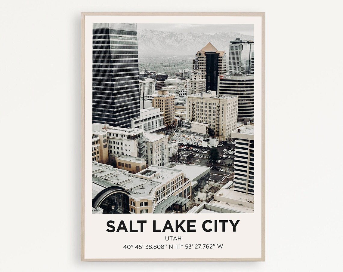 Salt Lake City Utah Aerial Downtown Snowy Mountains Travel Poster