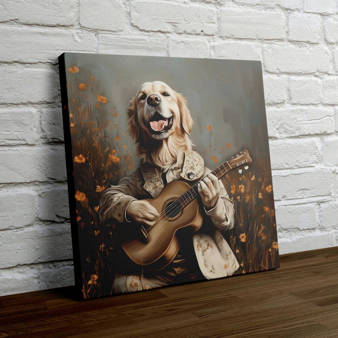 Golden Retriever Folk Singer Strumming Guitar In A Meadow Poster - Image 4