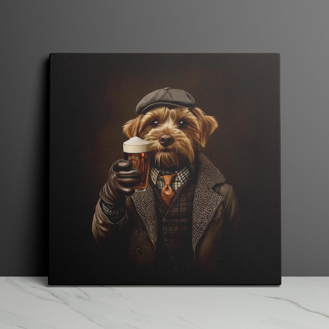 Yorkshire Terrier Pub Portrait With Beer Flat Cap Tweed Poster - Image 3