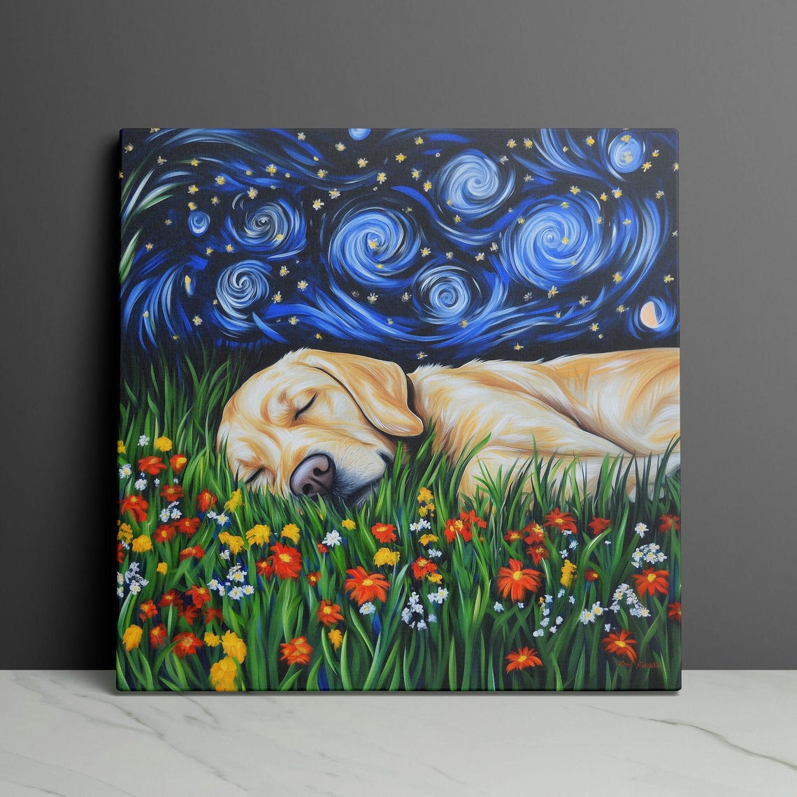 Yellow Labrador Sleeping in a Starry Night Flower Field Wall Art - Image 3