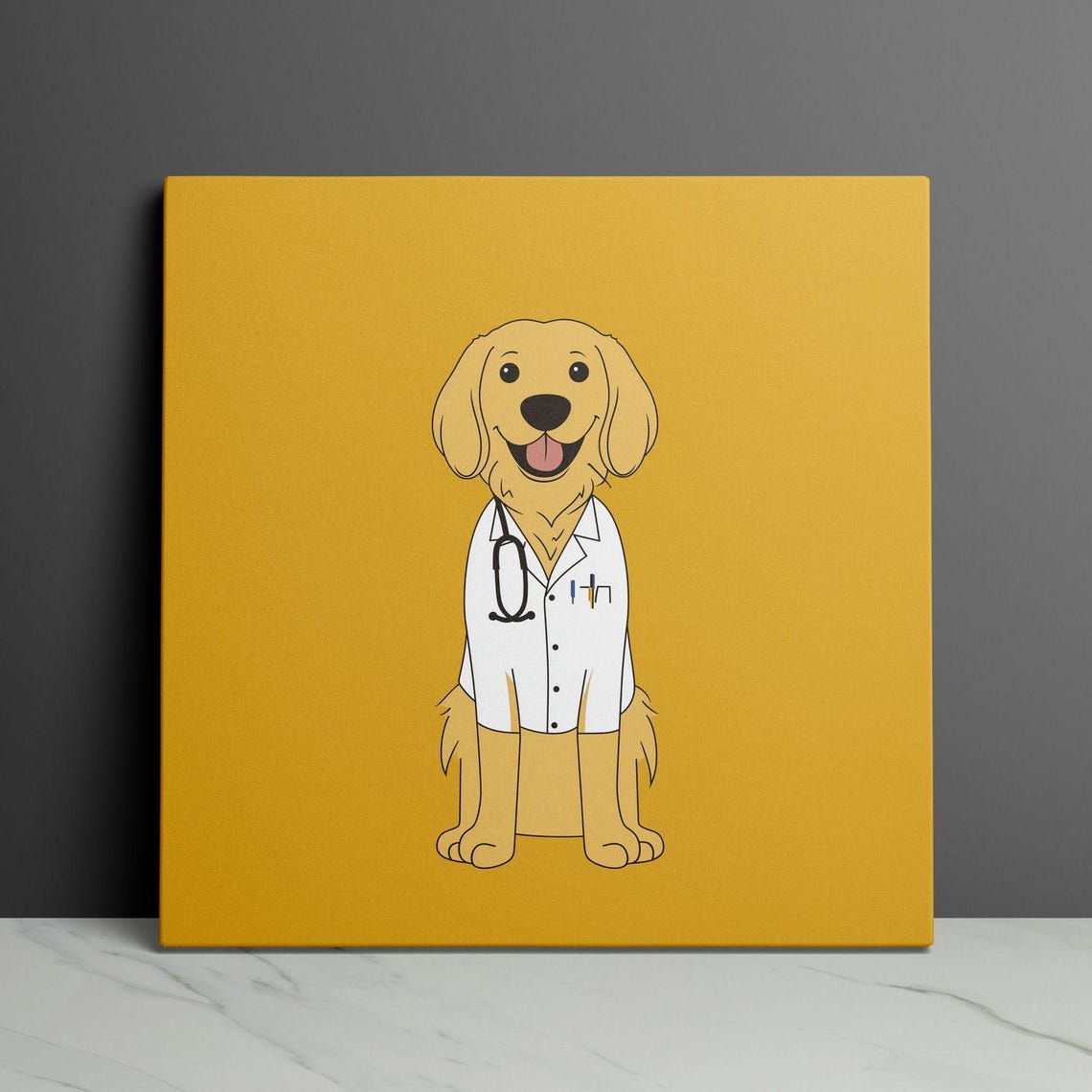 Happy Golden Retriever Doctor Cartoon On Mustard Gold Wall Art - Image 3