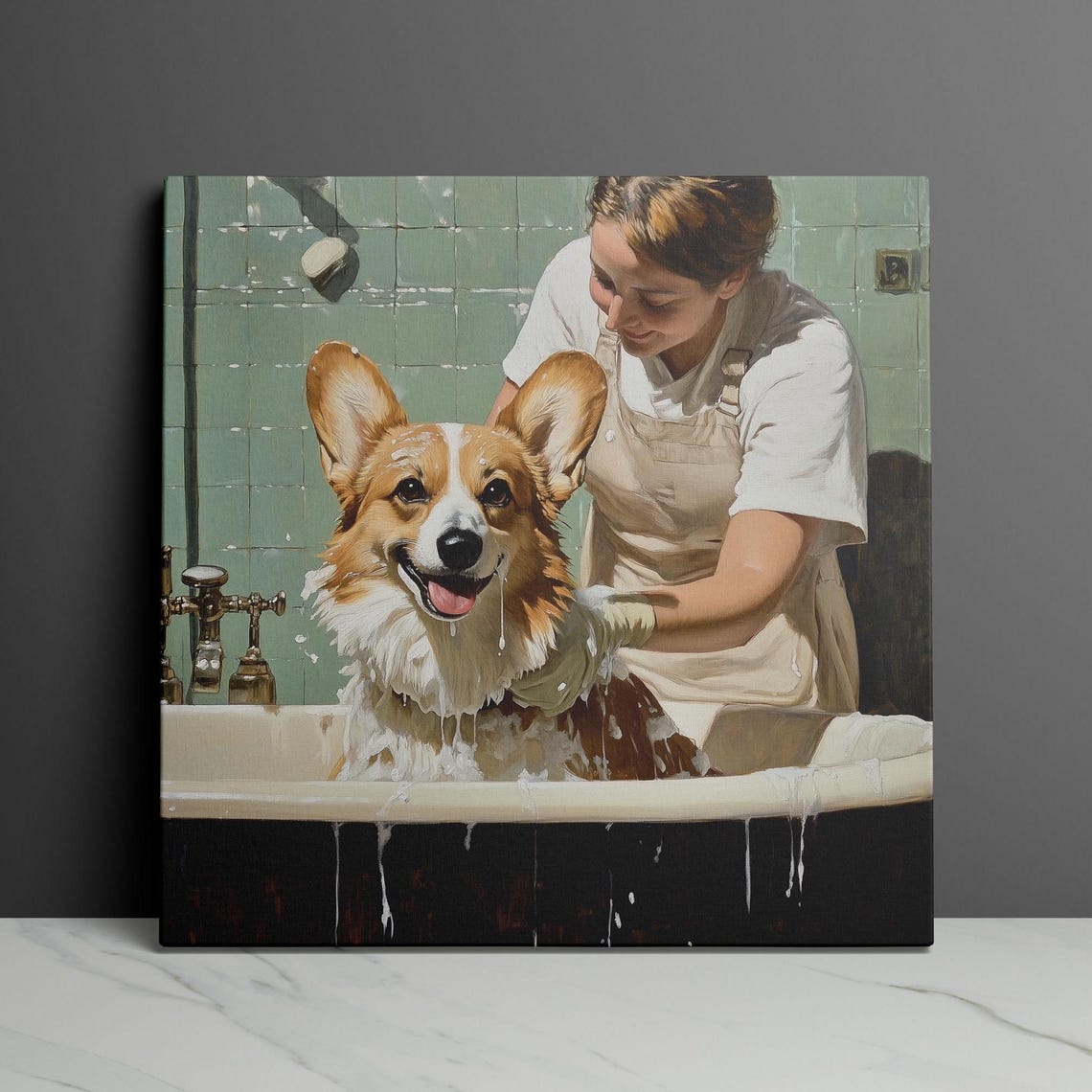 Woman Bathing a Soapy Corgi in a Vintage Green Bathtub Poster - Image 3