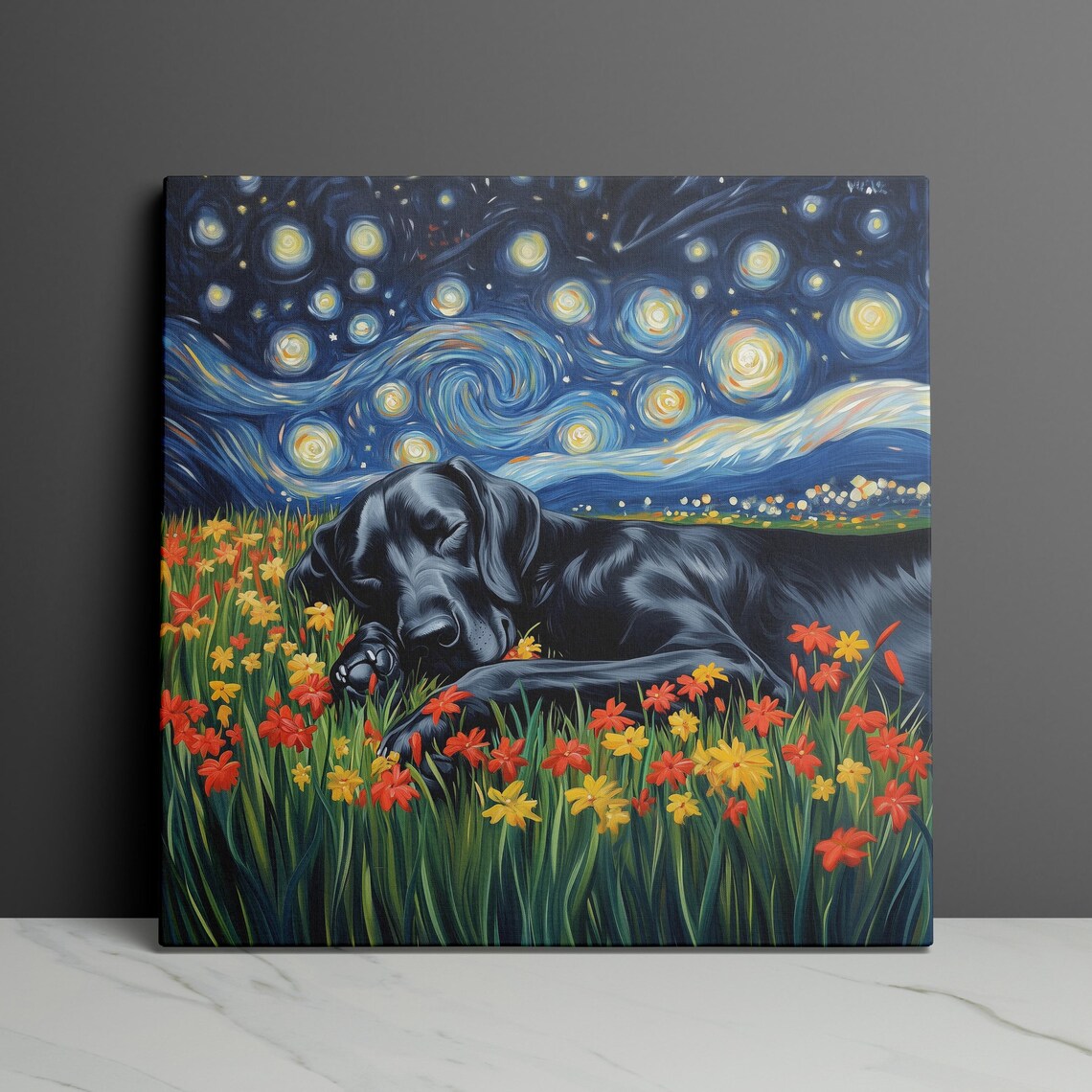 Great Dane Starry Night Dog Sleeping in a Flower Field Wall Art - Image 3