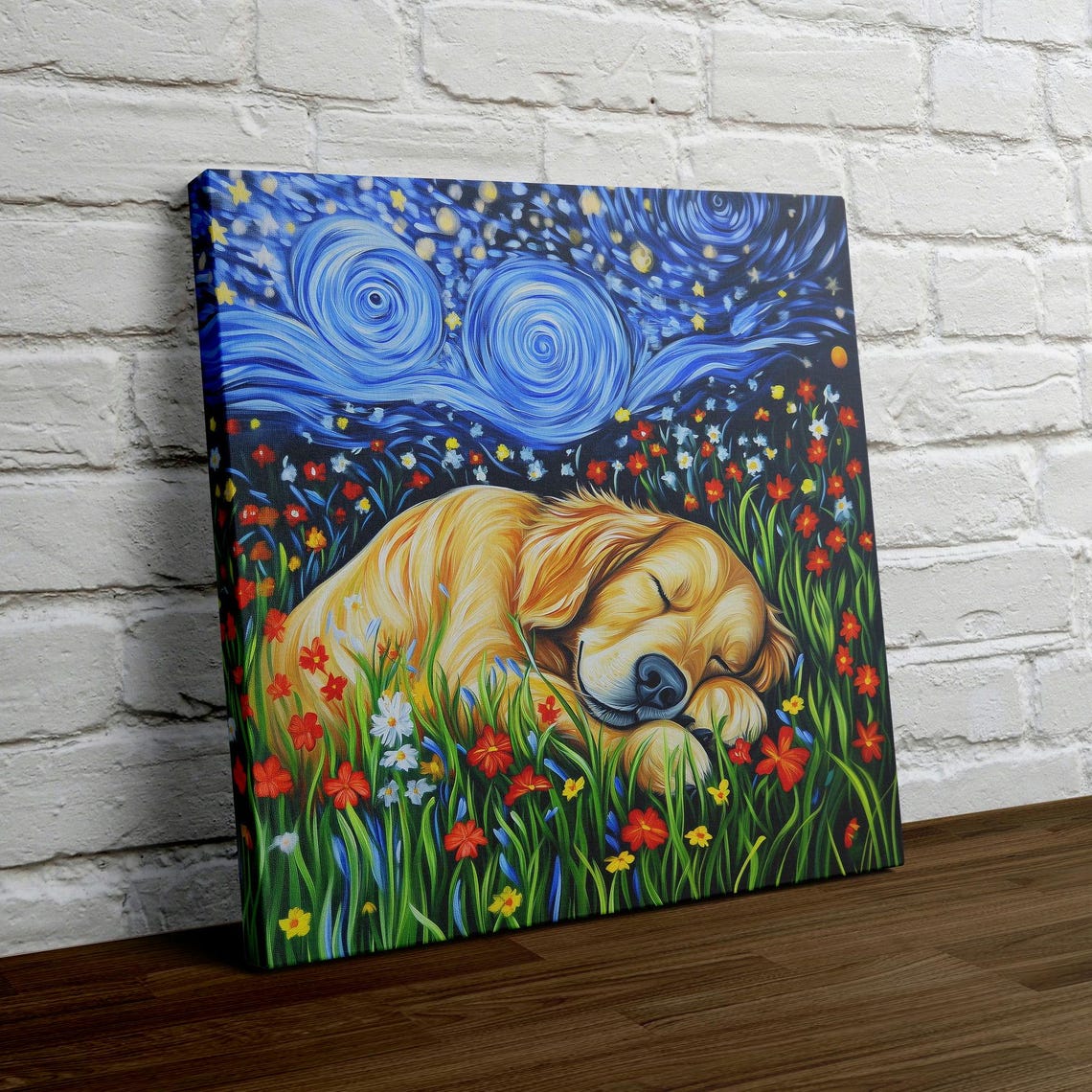 Sleeping Golden Retriever In Wildflowers Under Starry Night Poster - Image 4