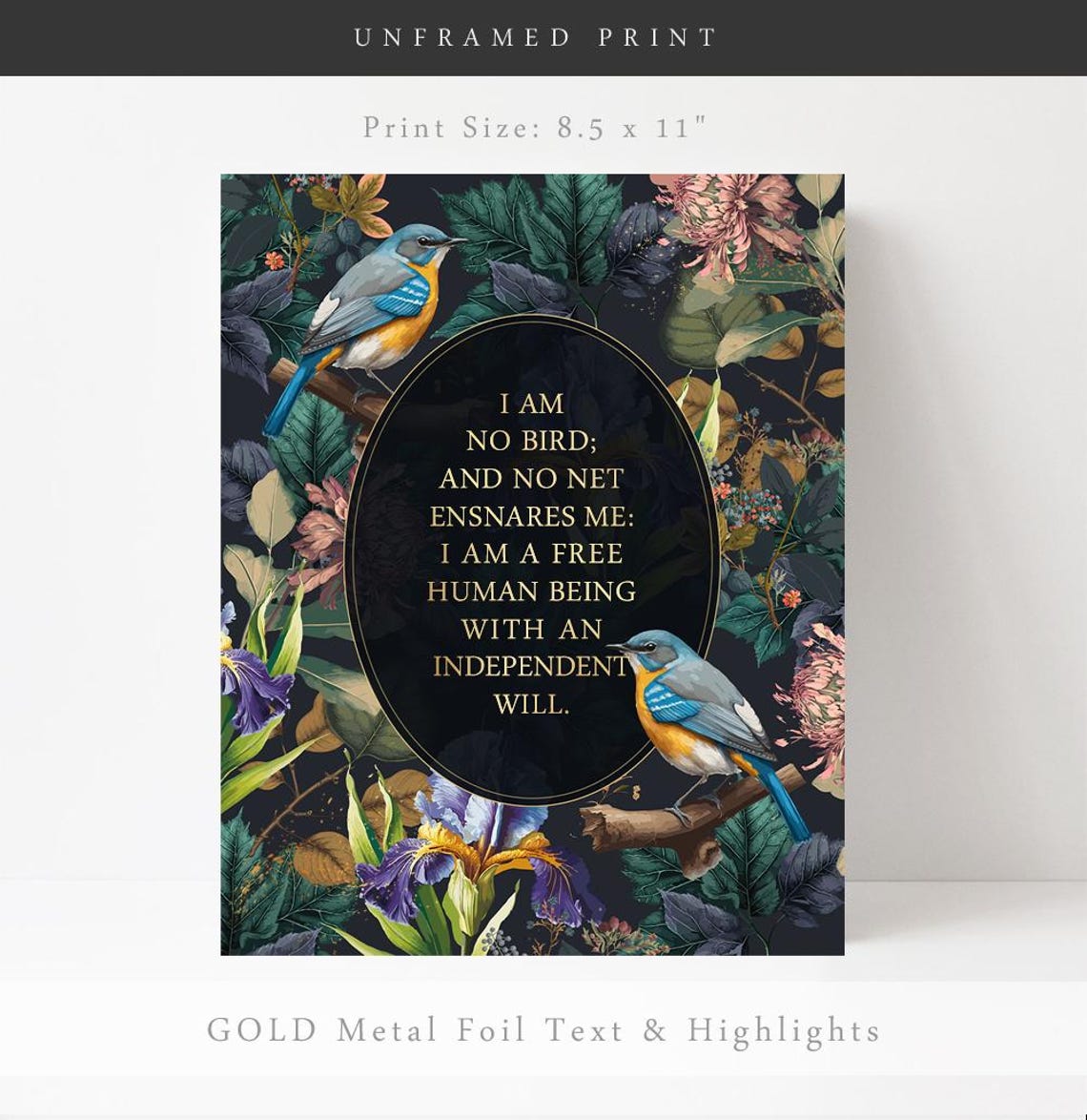 I Am No Bird Jane Eyre Quote Dark Botanical Birds Gold Wall Art - Image 3