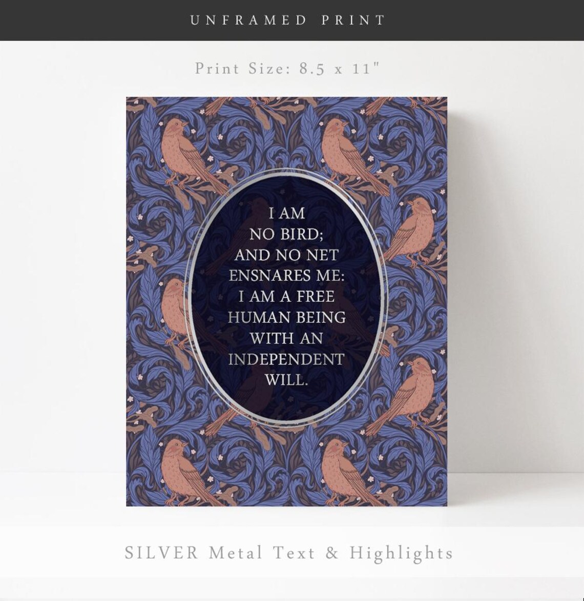 I Am No Bird Jane Eyre Quote Floral Vintage Style Gold Wall Art - Image 3