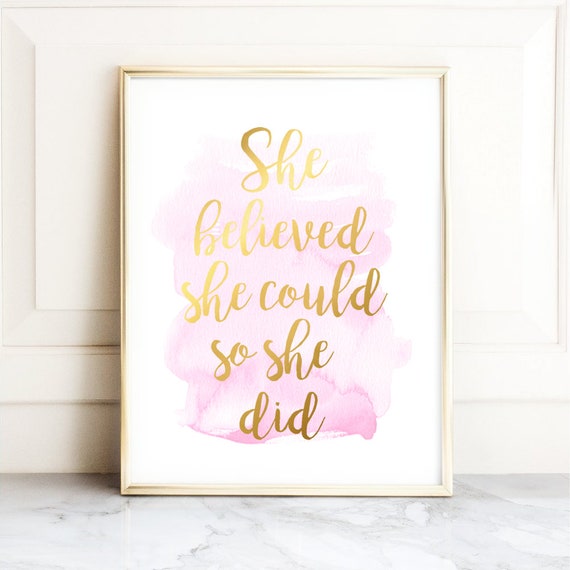 She Believed She Could Quote, Blush Pink Watercolor Art Print