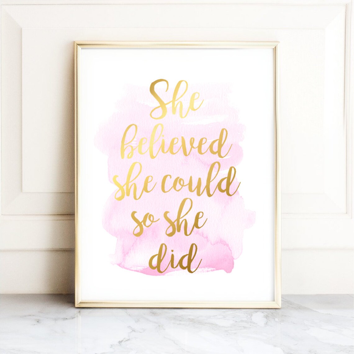 She Believed She Could Quote, Blush Pink Watercolor Art Print