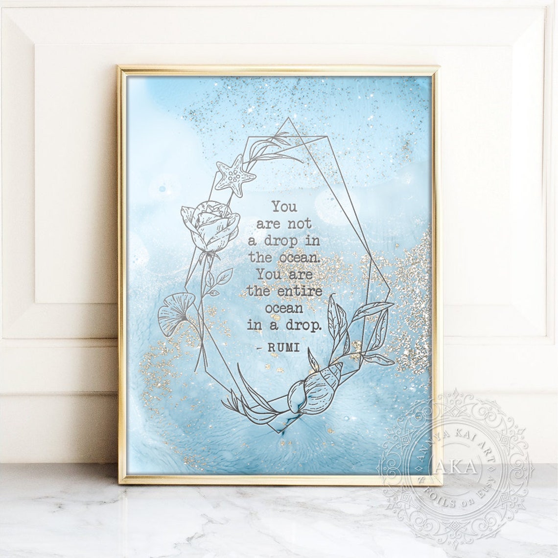 Rumi Ocean In A Drop Quote Blue Watercolor Coastal Floral Art Print
