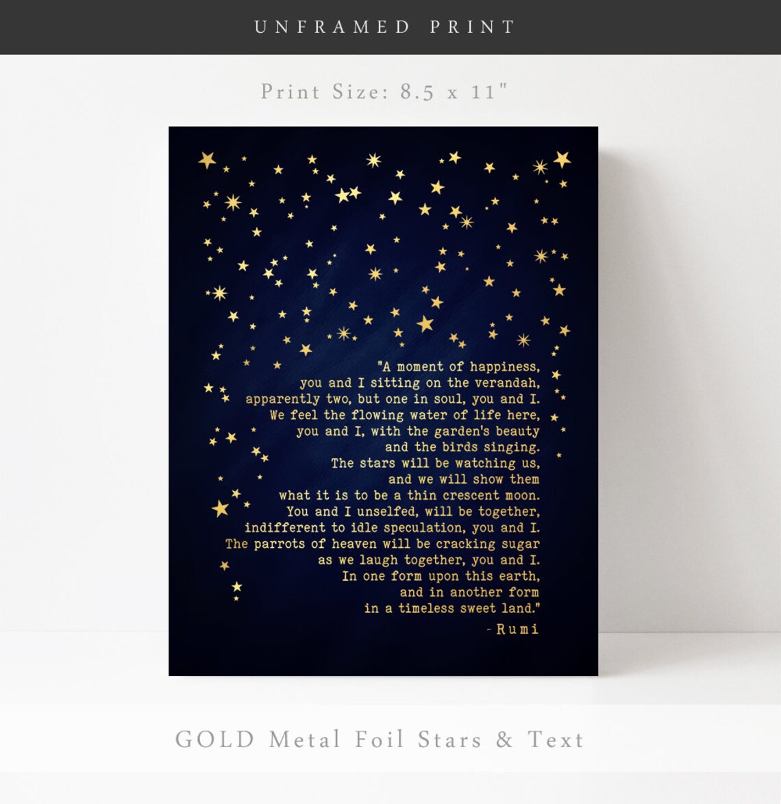 A Moment Of Happiness Rumi Love Poem Gold Foil Starry Night Wall Print