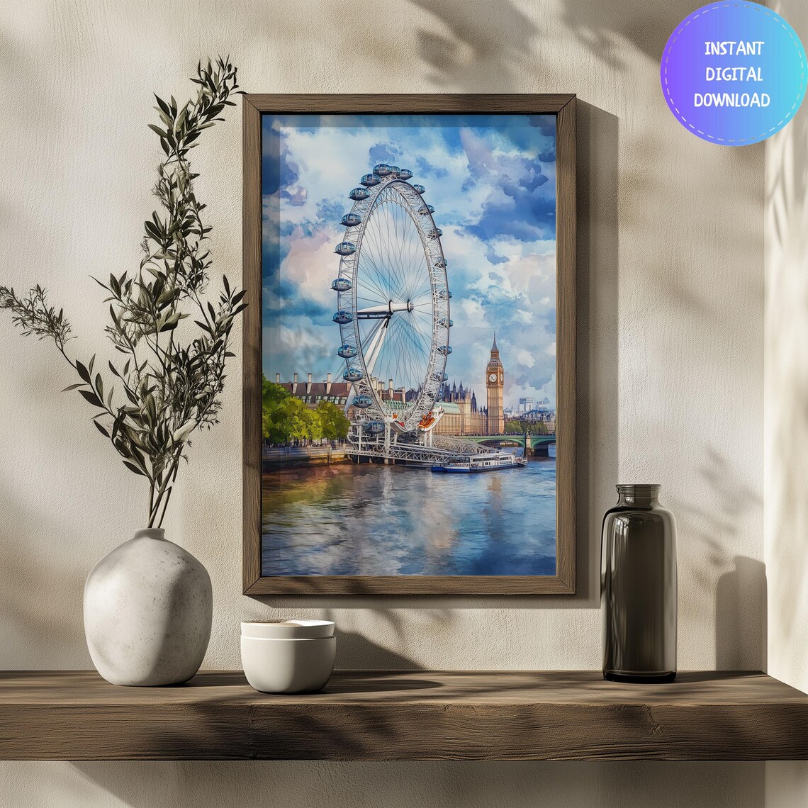 Watercolor London Eye, London Skyline Travel Poster - Image 2