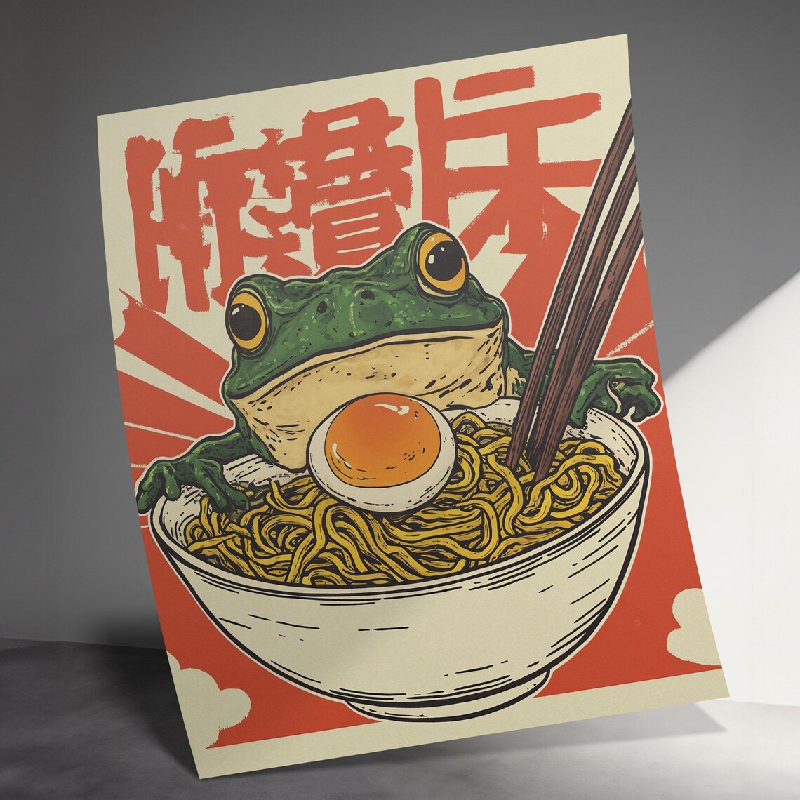 Funny Green Frog With Ramen Bowl Soft Egg Retro Japanese Food Art Poster - Image 3