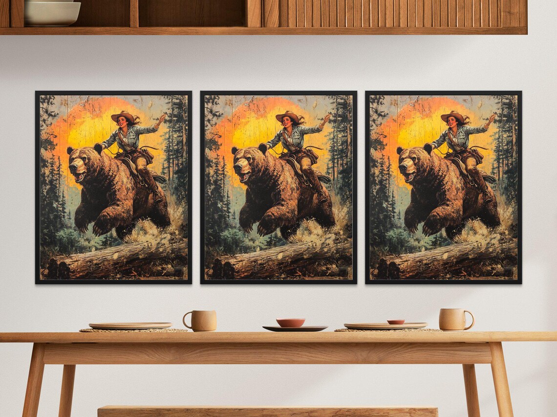 Vintage Cowgirl Riding Bear Western Art Print - Image 2