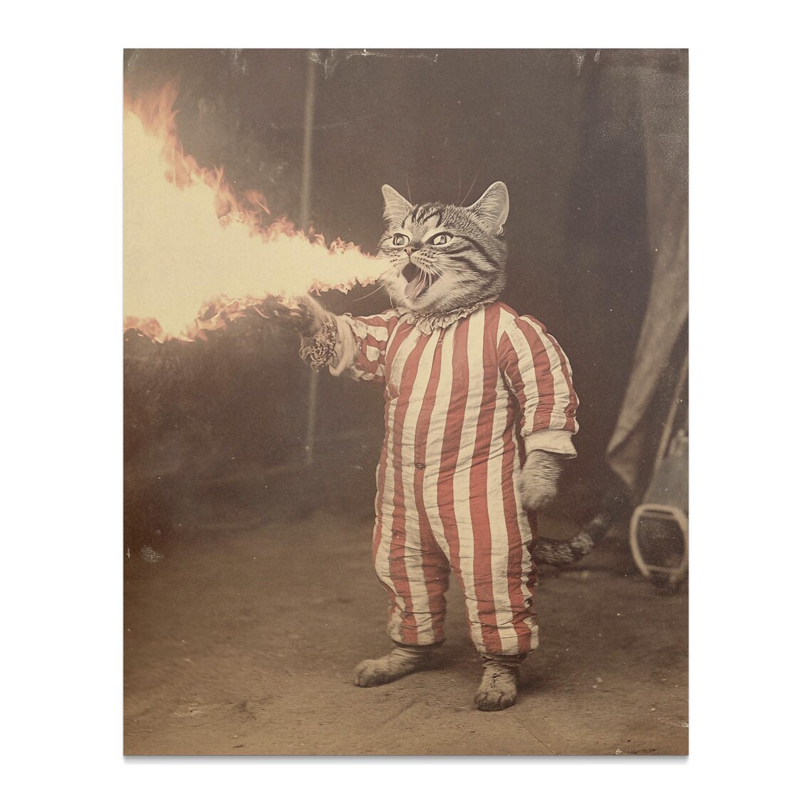 Fire Breathing Cat in Red Striped Circus Costume Sepia Style Wall Art - Image 2