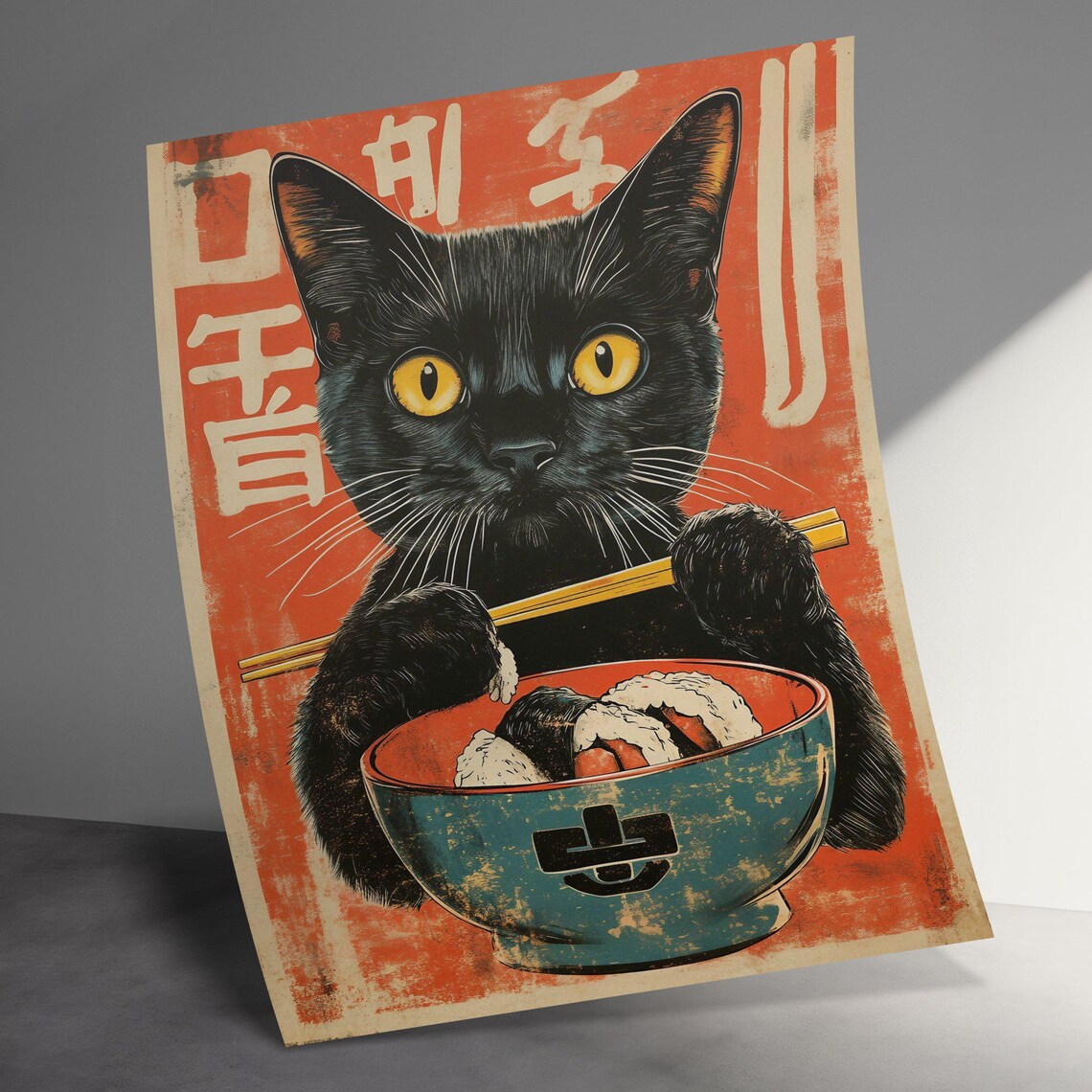 Black Cat Holding Bowl Of Sushi Chopsticks Red Retro Japanese Food Poster - Image 3