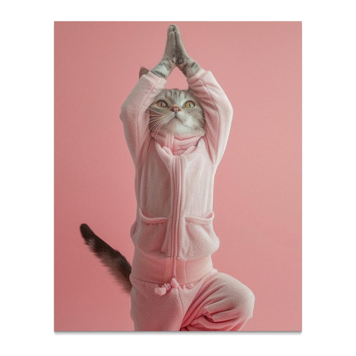 Yoga Cat in Pink Pajamas Holding Tree Pose on Pink Background Poster - Image 2