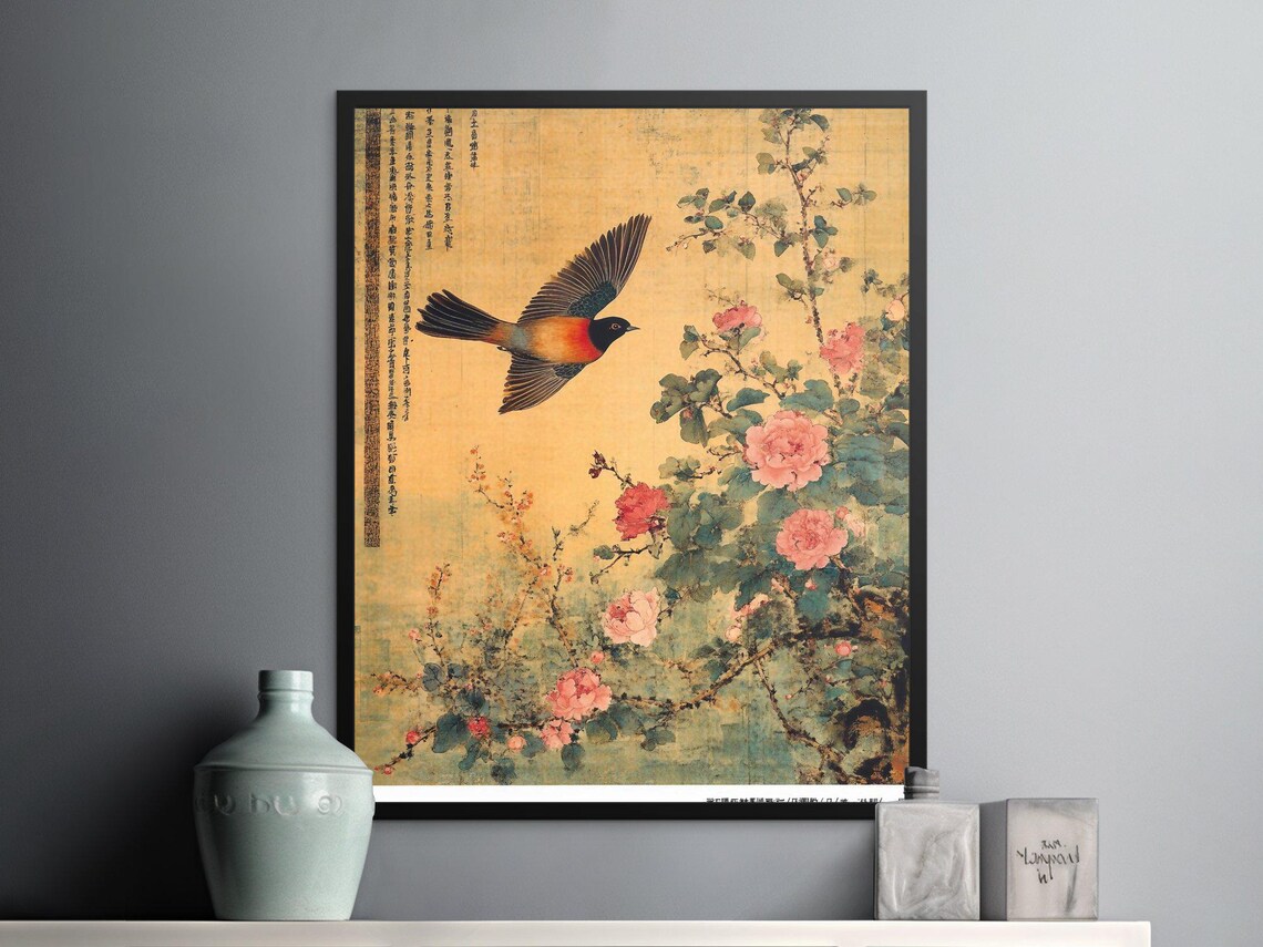 Flying Songbird Peonies Classical Chinese Floral Vintage Art Poster - Image 2