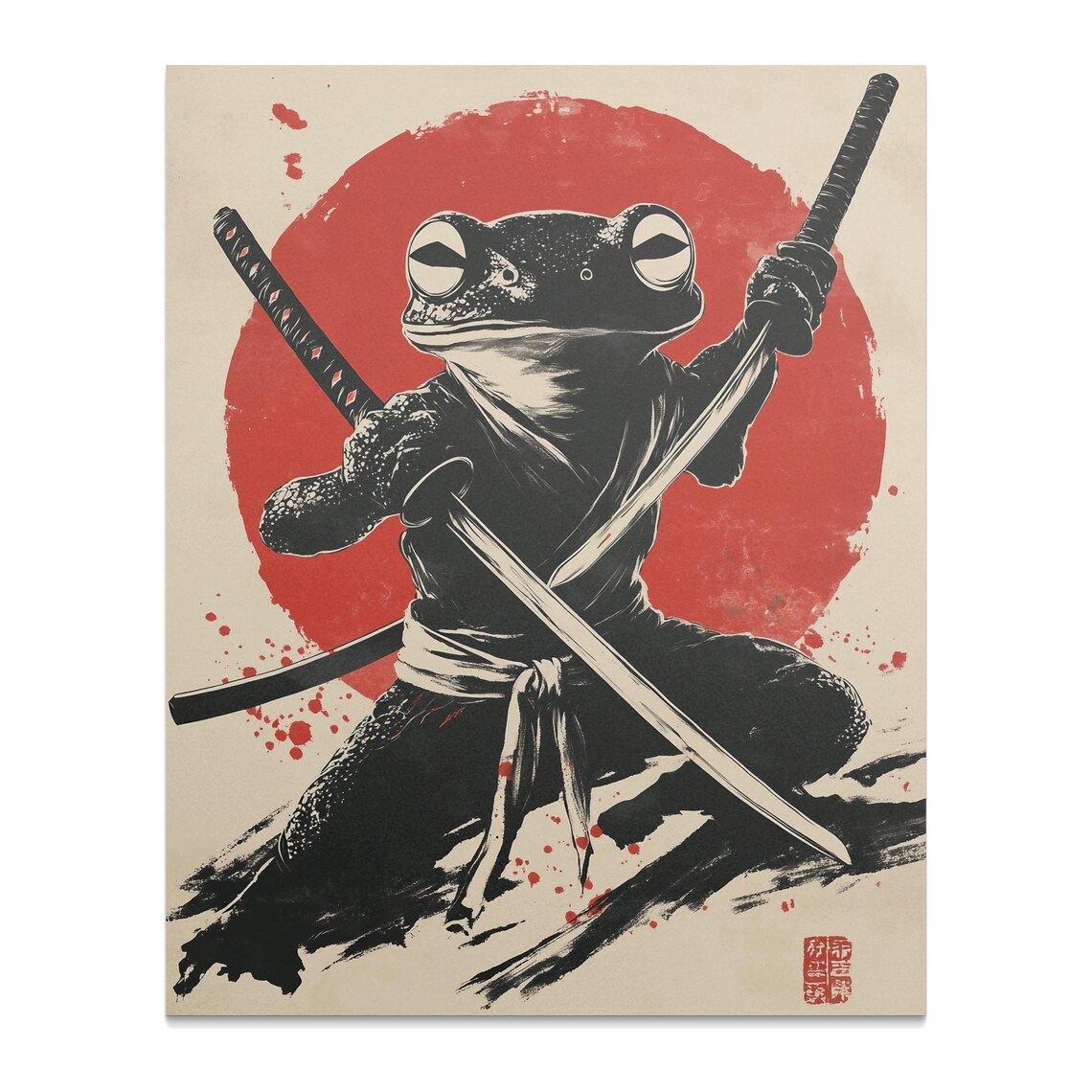 Samurai Frog Warrior With Katana Red Sun Japanese Ink Art Poster - Image 2