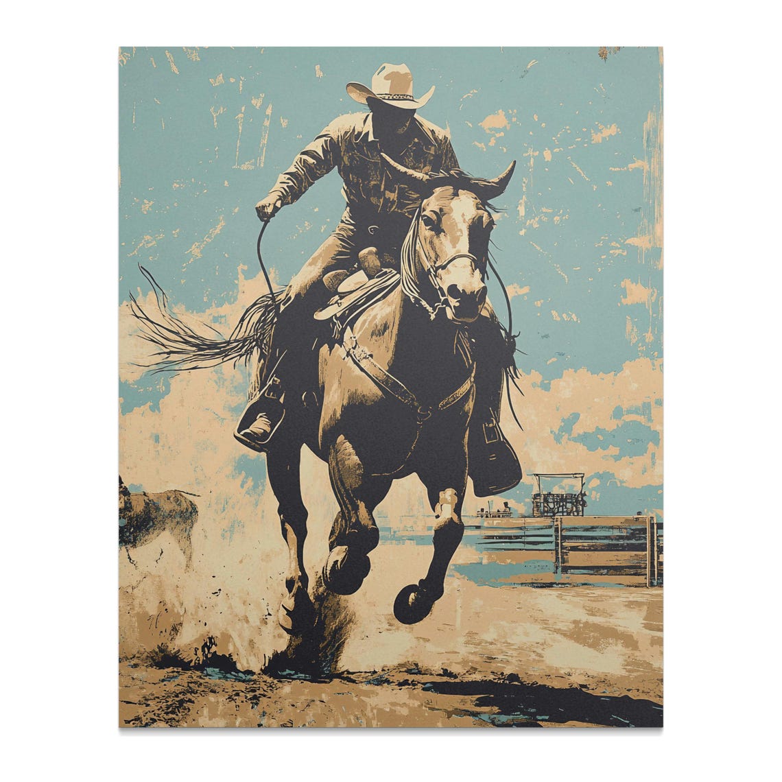 Cowboy Riding Galloping Horse Lasso Teal Vintage Western Rodeo Poster - Image 2