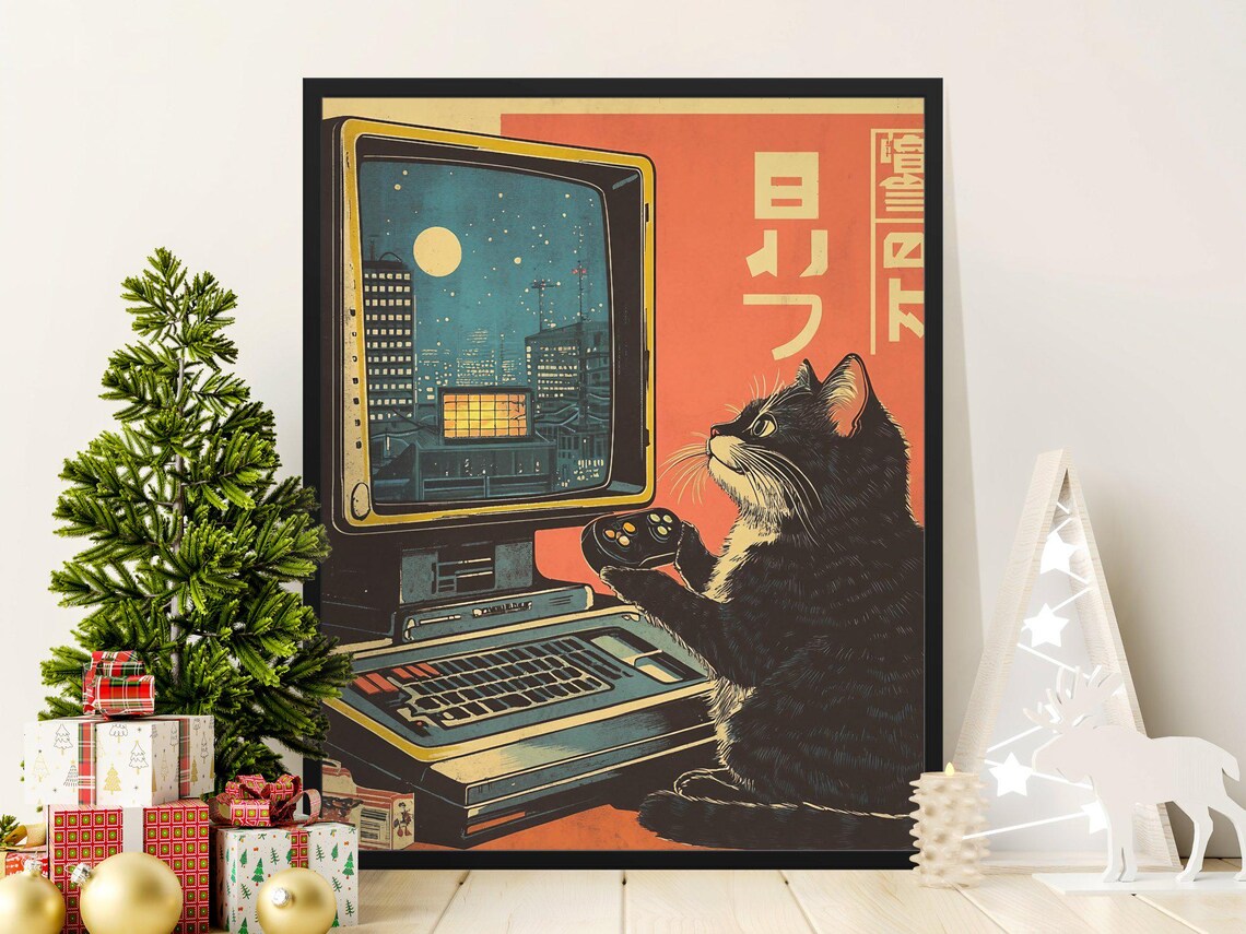 Cat Gamer On Retro Computer Night City Vintage Gaming Poster