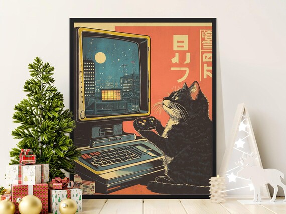 Cat Gamer On Retro Computer Night City Vintage Gaming Poster