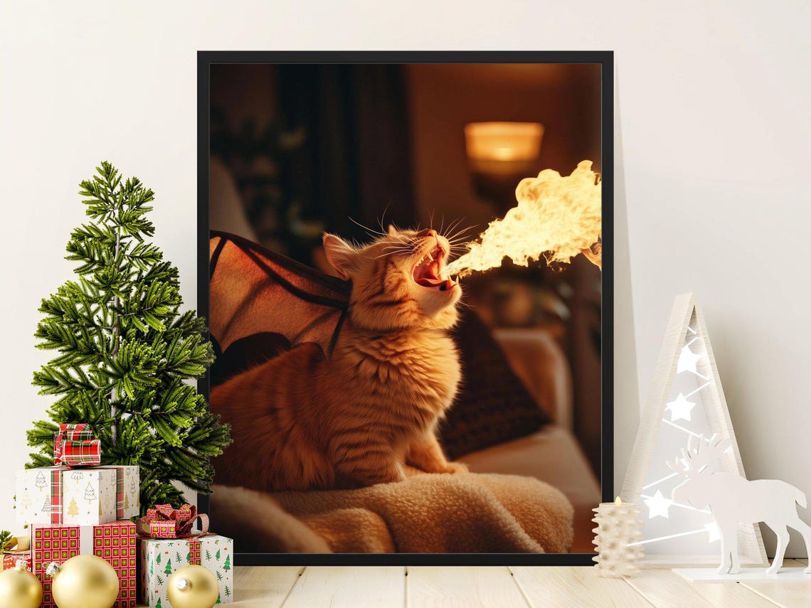 Dragon Cat Breathing Fire Bat Wings Fantasy Halloween Wall Art Poster