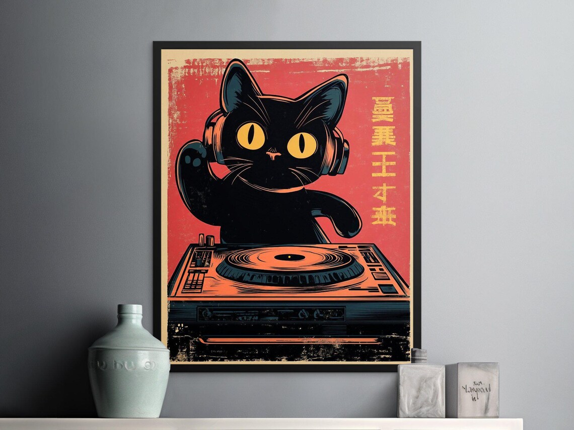 Black Cat DJ With Headphones On Turntable Retro Japanese Music Art Poster - Image 2
