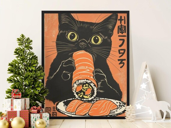 Black Cat Eating Giant Salmon Sushi Roll Retro Japanese Kitchen Poster