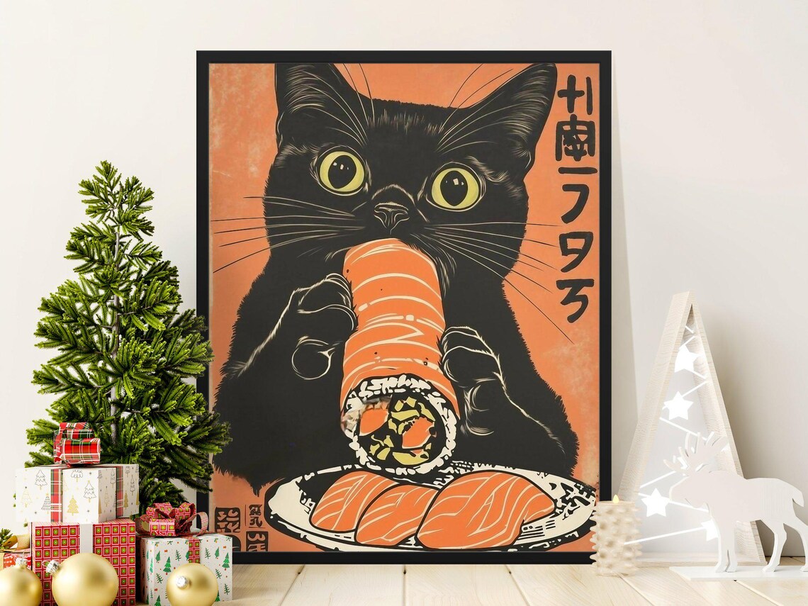Black Cat Eating Giant Salmon Sushi Roll Retro Japanese Kitchen Poster