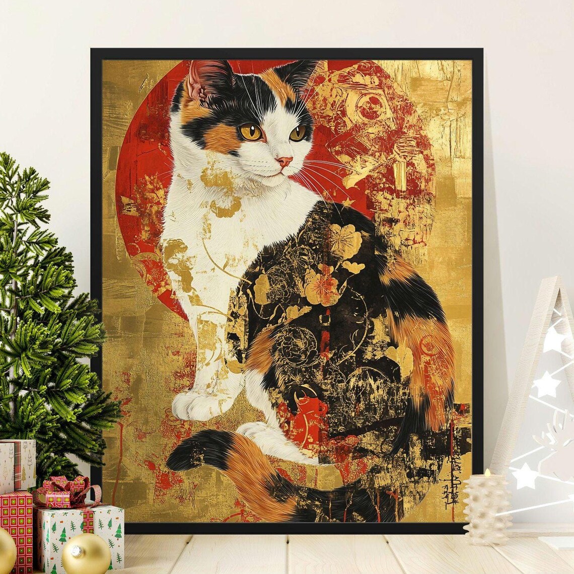 Elegant Calico Cat Gold Leaf Painting Red Sun Japanese Art Poster