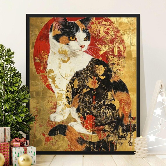 Elegant Calico Cat Gold Leaf Painting Red Sun Japanese Art Poster