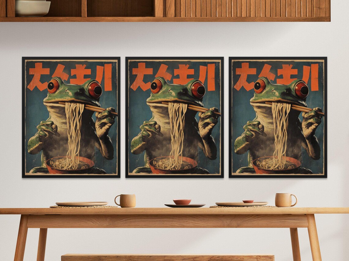 Retro Green Frog Eating Ramen Chopsticks Vintage Japanese Noodle Poster - Image 2