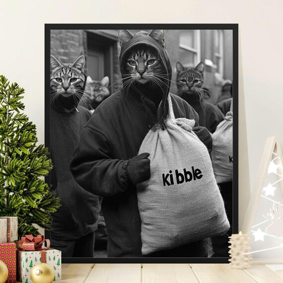 Cat Gang Stealing Kibble Sack Hoodie Cats Funny Black White Photo Poster