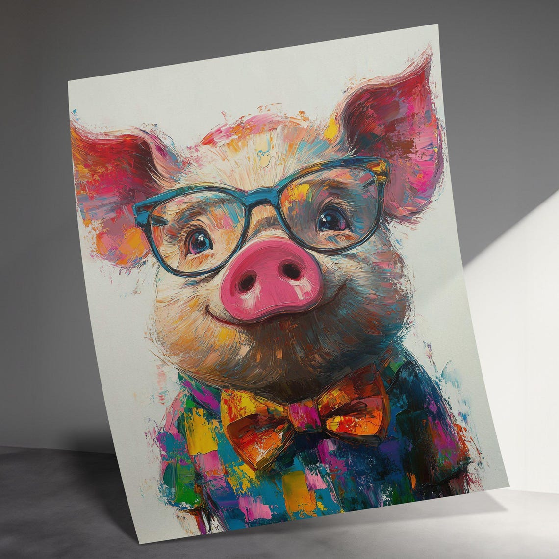 Colorful Pig With Glasses And Bow Tie Whimsical Farm Animal Art Poster - Image 3