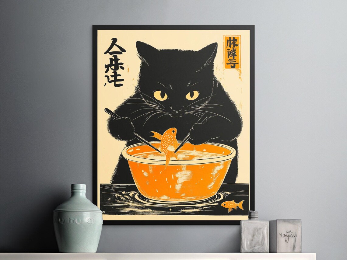 Black Cat Eating Goldfish Chopsticks Bowl Retro Japanese Animal Art Poster