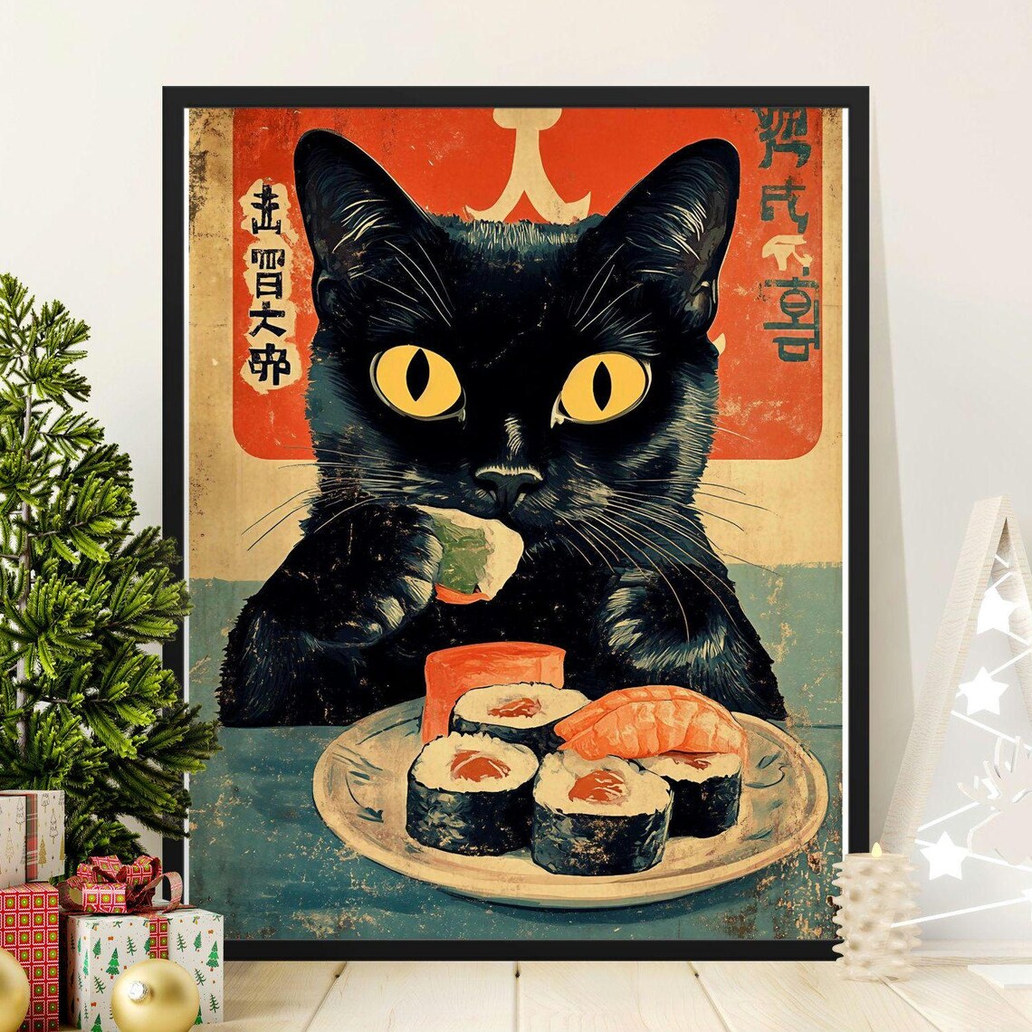 Black Cat Eating Salmon Sushi Retro Japanese Restaurant Kitchen Art Poster