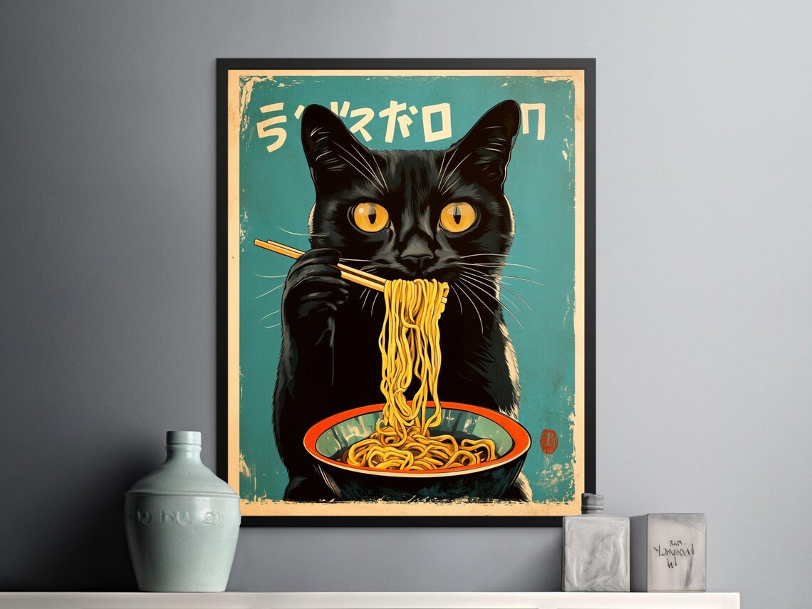 Black Cat Eating Ramen Chopsticks Teal Retro Japanese Noodle Shop Poster