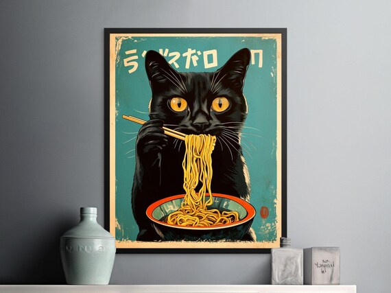 Black Cat Eating Ramen Chopsticks Teal Retro Japanese Noodle Shop Poster