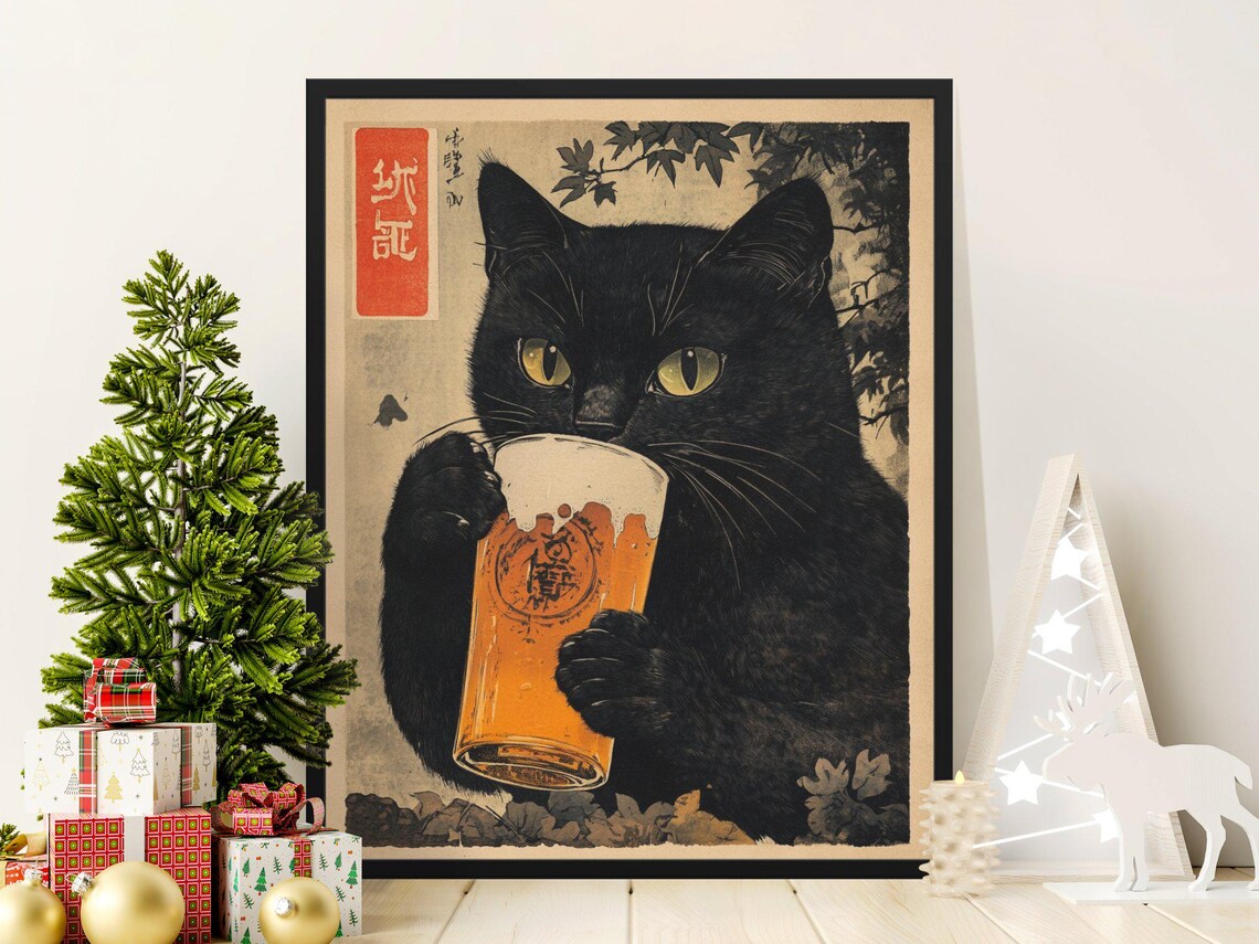 Black Cat Drinking Beer Glass Vintage Japanese Forest Ink Kitchen Decor Poster