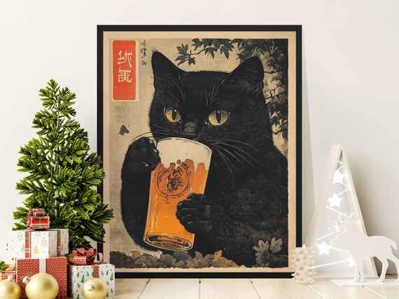 Black Cat Drinking Beer Glass Vintage Japanese Forest Ink Kitchen Decor Poster