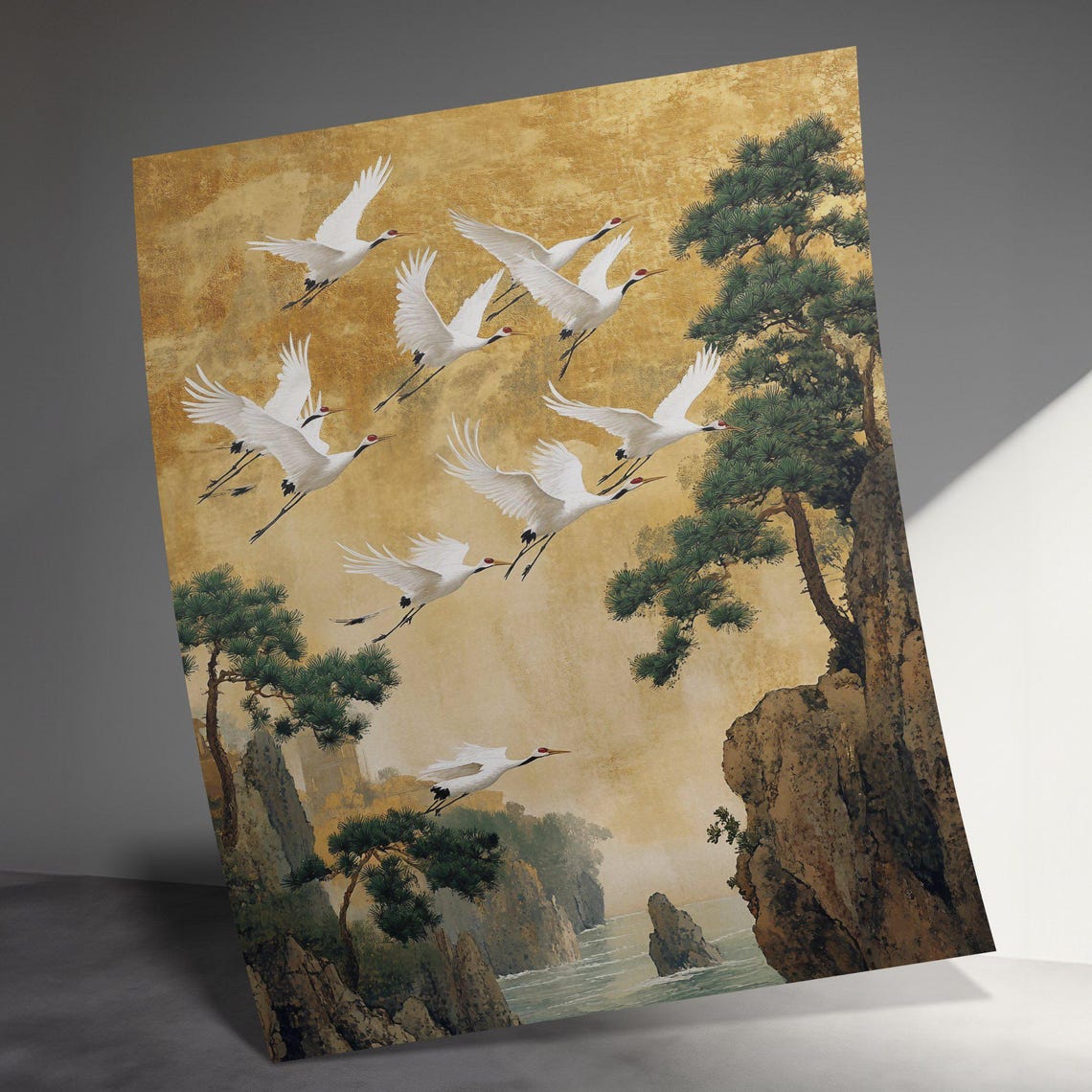 White Cranes In Flight Golden Sky Pine Cliffs Japanese Art Poster - Image 3