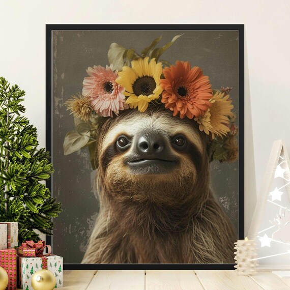 Smiling Sloth With Sunflower Crown Close Up Animal Portrait Poster