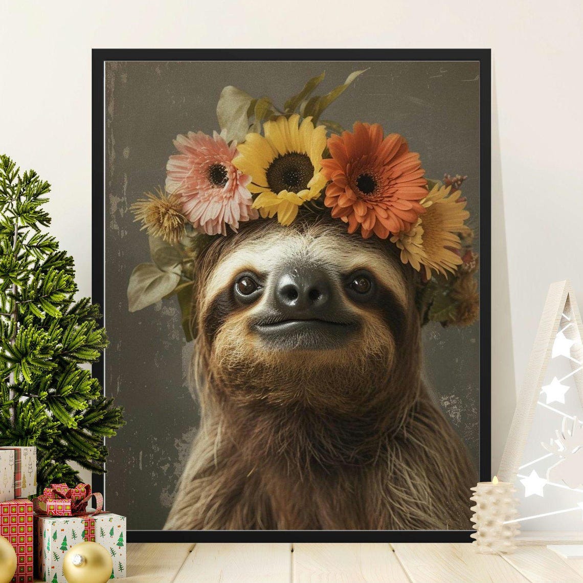 Smiling Sloth With Sunflower Crown Close Up Animal Portrait Poster